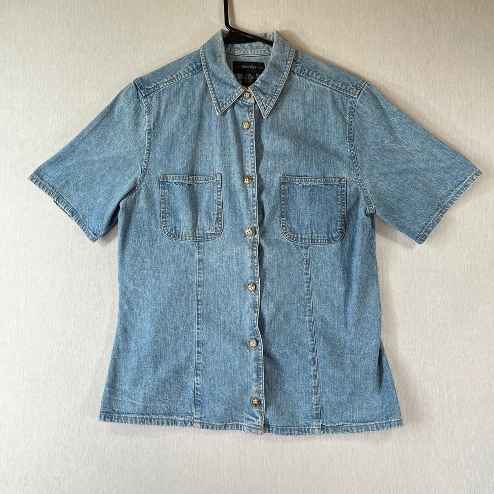 Vintage Breeches Denim Shirt Womens 10 Cotton Short Sleeve Button Up USA 1980s